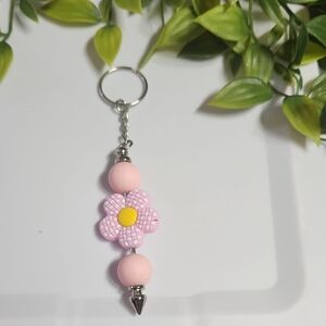 Pink Flower Beaded Keychain
